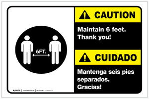 Caution: Maintain 6 Feet Bilingual Spanish with Icon Landscape - Label Caution: Maintain 6 Feet Bilingual Spanish with Icon Landscape - Label