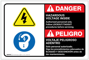 Danger: Hazardous Voltage Inside Follow Lockout Tagout Bilingual Spanish - Label Danger: Hazardous Voltage Inside Follow Lockout Tagout Bilingual Spanish - Label