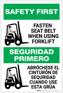 Safety First: Fasten Seat Belt When Using Forklift Bilingual Spanish - Label Safety First: Fasten Seat Belt When Using Forklift Bilingual Spanish - Label
