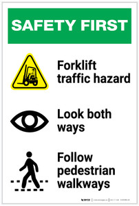 Safety First: Forklift Traffic Look Both Ways Pedestrian Walkways - Label Safety First: Forklift Traffic Look Both Ways Pedestrian Walkways - Label
