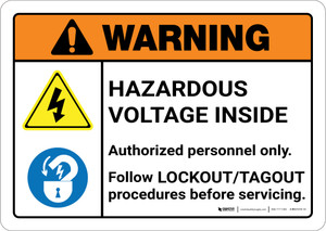 Warning: Hazardous Voltage Inside Follow Lockout Tagout Procedures with Icons Landscape ANSI - Wall Sign Warning: Hazardous Voltage Inside Follow Lockout Tagout Procedures with Icons Landscape ANSI - Wall Sign